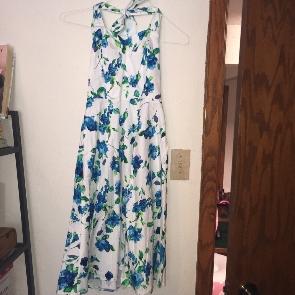 Vintage Halter White & Blue Floral Dress